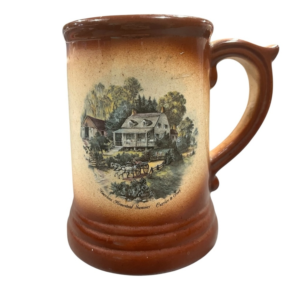 Vintage Brown Ceramic Mug Currier & Ives Print American Homestead Summer